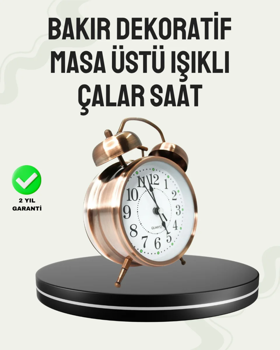 Nostaljik Büyük Boy Metal Masa Saati Bronz Kaplama ve Yüksek Sesli Alarm
