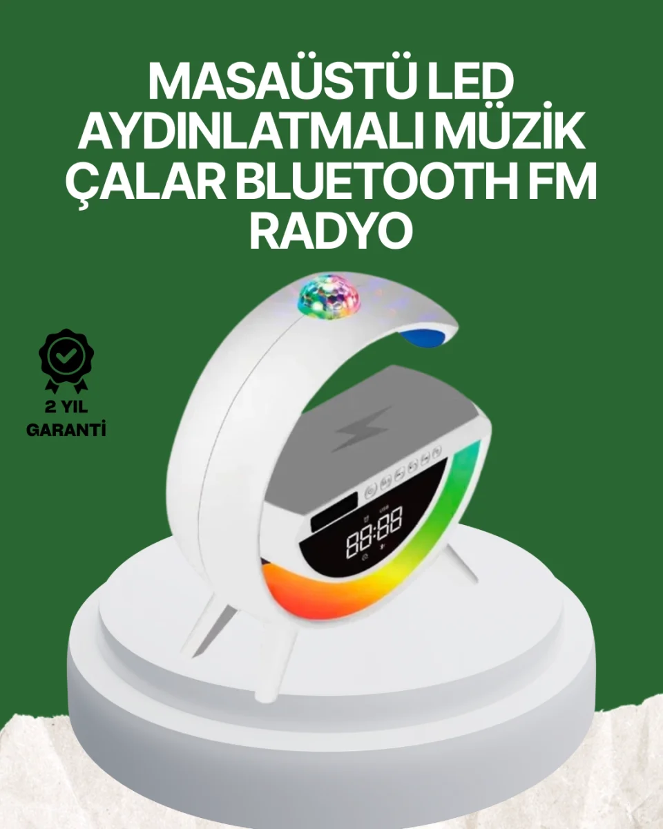 Dijital Saatli Kablosuz Şarj Destekli RGB LED Işıklı Bluetooth Ses Sistemi