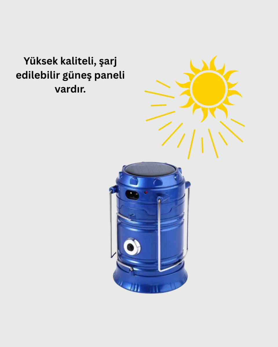 Güneş Enerjili Kızaklı Şarjlı Büyük Boy Kamp Feneri – USB Çıkışlı, Katlanabilir, Çok Fonksiyonlu