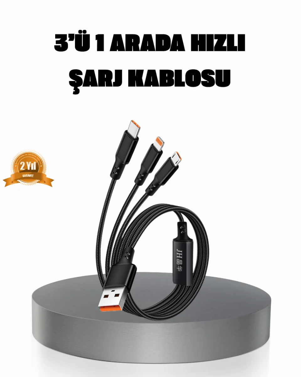 3’ü 1 Arada Şarj Kablosu Type-C iOS Android Uyumlu Hızlı ve Güvenli Şarj