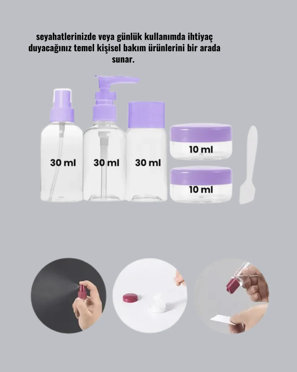 5 Parça Seyahat Kişisel Bakım Seti Şişe Sprey Krem Kutulu
