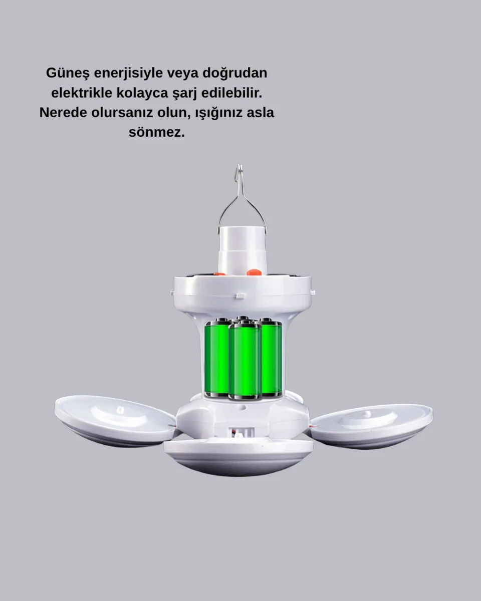 Güneş Enerjili ve USB Şarjlı LED Kamp Lambası – 5 Farklı Işık Modlu, Askılı Tasarım