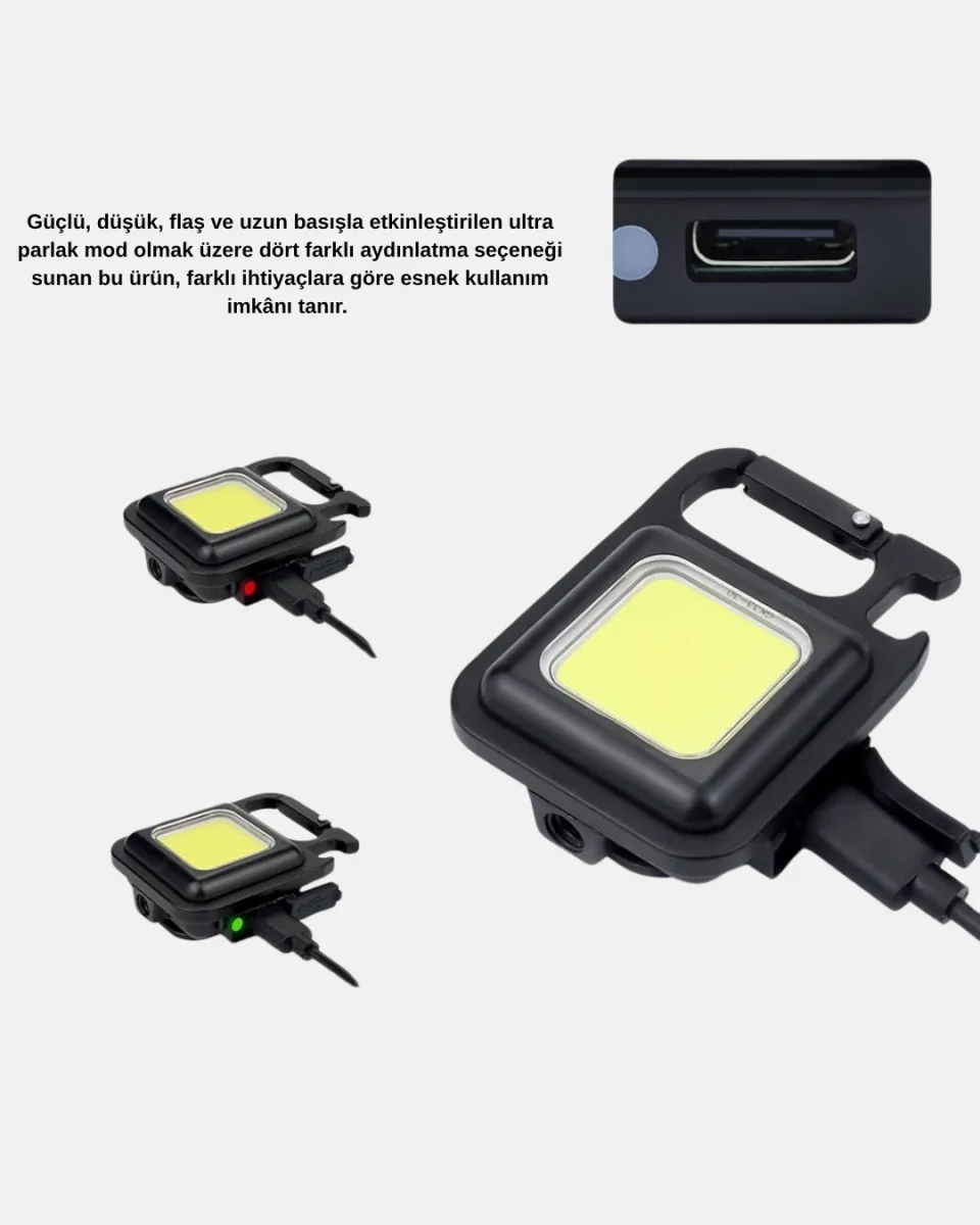 LED Mini Anahtarlık Fener – 1000 Lümen Güçlü Işık ve USB Type-C Şarjlı