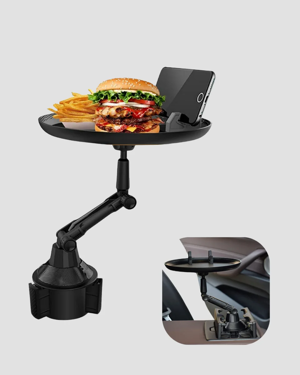 360° Döner Araç Bardaklık Tepsisi Geniş Yemek Alanlı Telefon Standlı