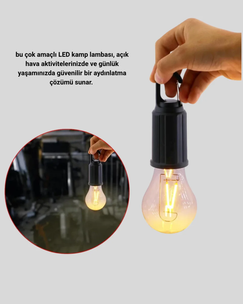 Taşınabilir Şarjlı LED Kamp Lambası – Type-C Girişli ve Kancalı Tasarım