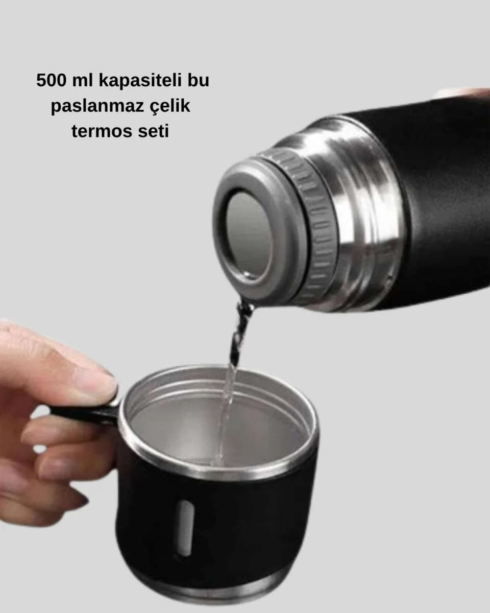 500 ml Paslanmaz Çelik Termos Seti – Sızdırmaz, Vakumlu, Isı Koruma Özellikli, Taşınabilir Termos