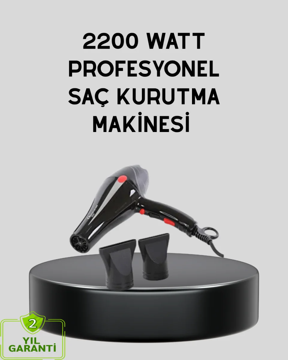 Profesyonel 2200W Fön Makinesi – AC Motorlu, Hızlı Kurutma, Hafif Tasarım