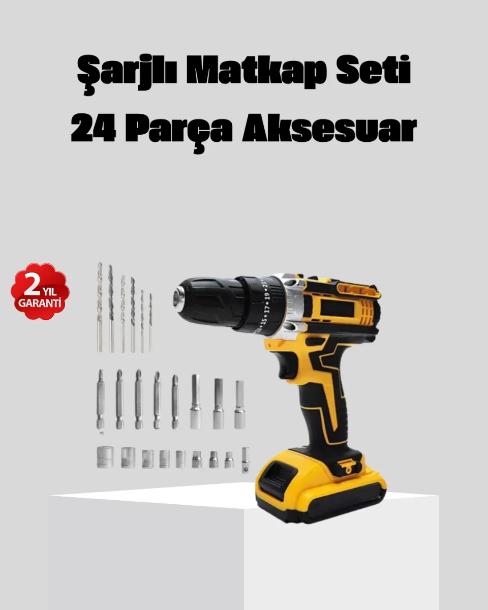 24 Parça Çift Bataryalı Akülü Darbeli Matkap – Güçlü Motor, Metal Dişli, LED Işıklı