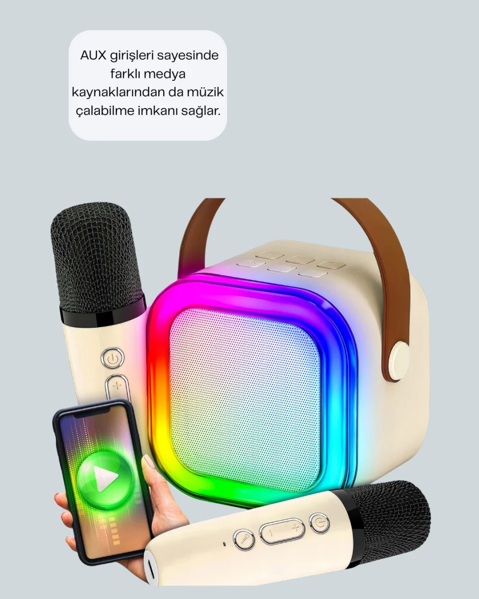 Çift Mikrofonlu Kompakt Karaoke Hoparlör – Uzun Pil Ömrü
