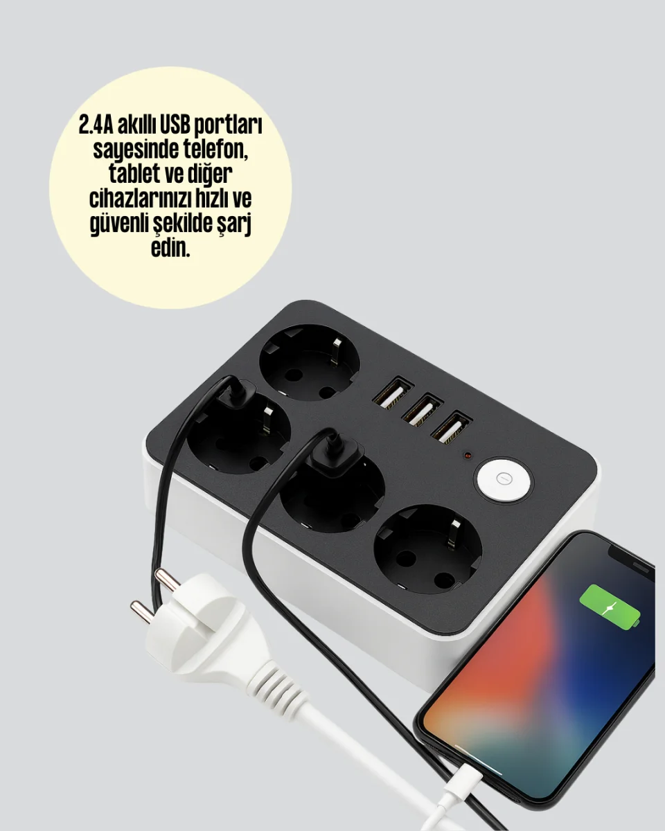 4.1A Hızlı Şarjlı Akım Korumalı 4 Priz ve 3 USB Çıkışlı Priz