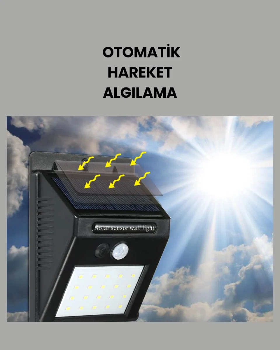 Güneş Paneli ile Şarj Olan 20 LED Dış Mekan Hareket Sensörlü Lamba