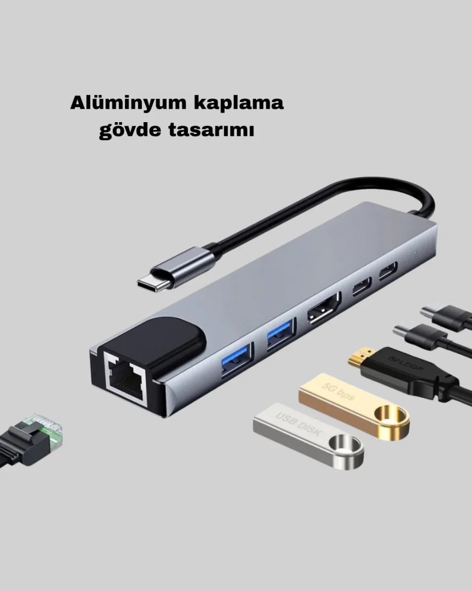 Type-C Çoklu Dönüştürücü – Alüminyum Gövde, Hızlı Veri Aktarımı ve Şarj Desteği