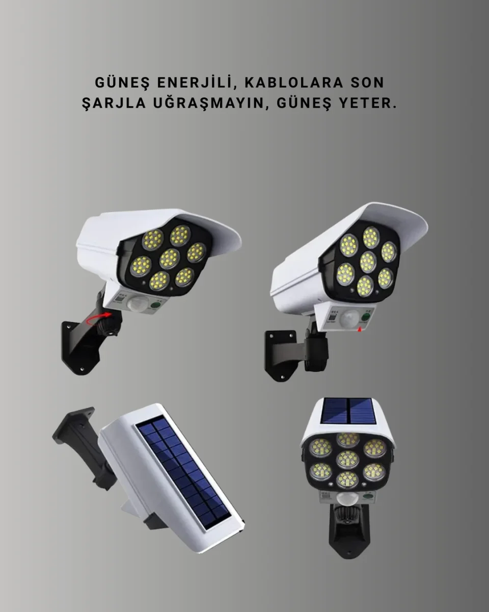 77 LED'li Güneş Enerjili Güvenlik Lambası ve Kukla Kamera – Hareket Sensörlü, 2400mAh Pilli
