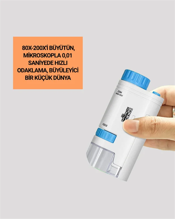 LED Aydınlatmalı 80–200 Kat Büyütmeli Cep Mikroskop