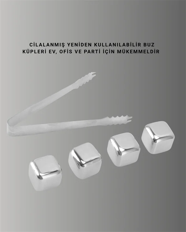 Paslanmaz Çelikten Üretilmiş Metal Buz Küpü Seti ve Buz Klipsi
