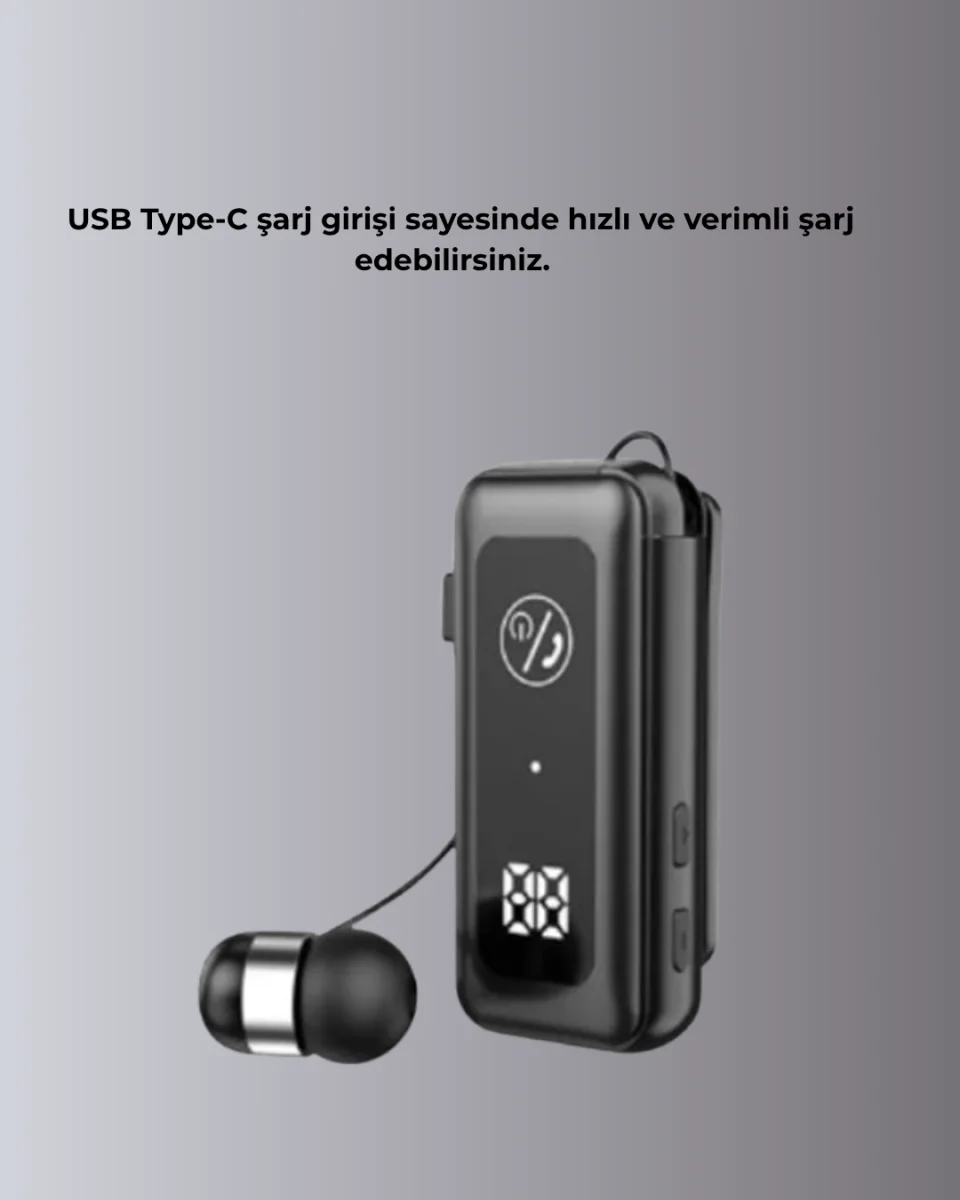 İçi Sarılabilen Kablo ve Yaka Klipsli Bluetooth Kulaklık
