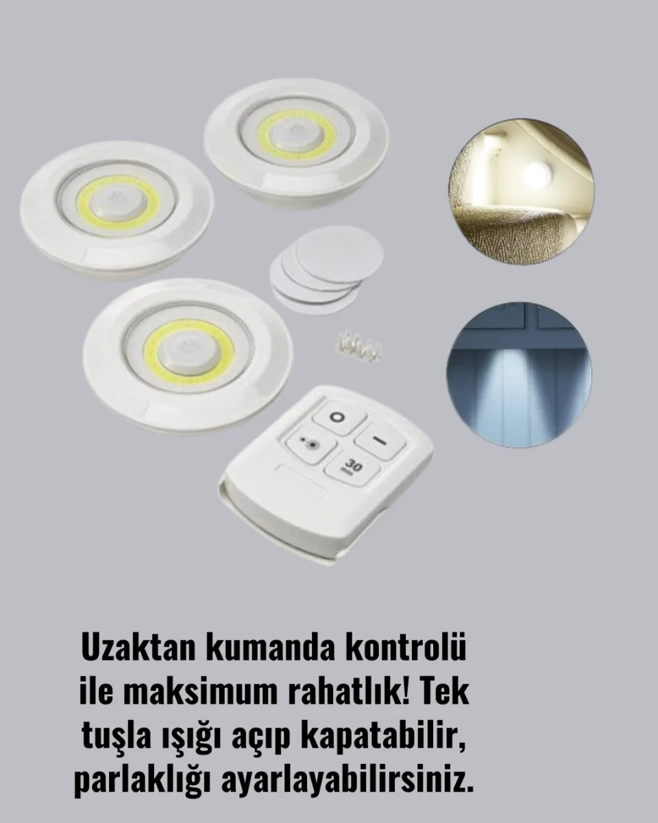 Ev Ofis Kamp İçin Uygun Uzaktan Kumandalı Yapışkanlı Kablosuz Led Spot Lambalar