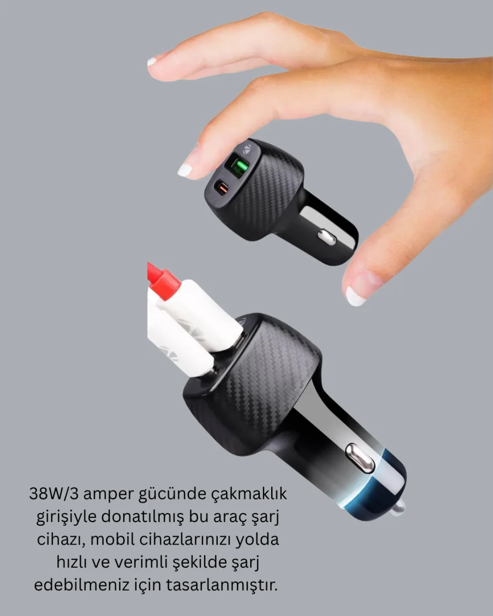 38W Çift Çıkışlı Araç Şarj Cihazı – Type-C ve USB PD Destekli