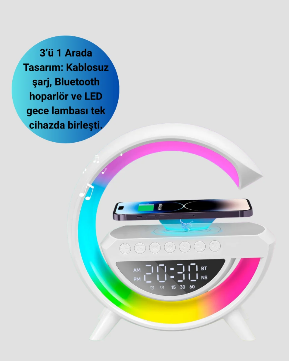 Kablosuz Şarjlı LED Masa Lambası Çalar Saat ve Beyaz Gürültü Özellikli