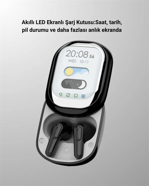 Akıllı Ekranlı Bluetooth 5.4 Kablosuz Kulaklık – Dokunmatik ve Şarj Kutulu
