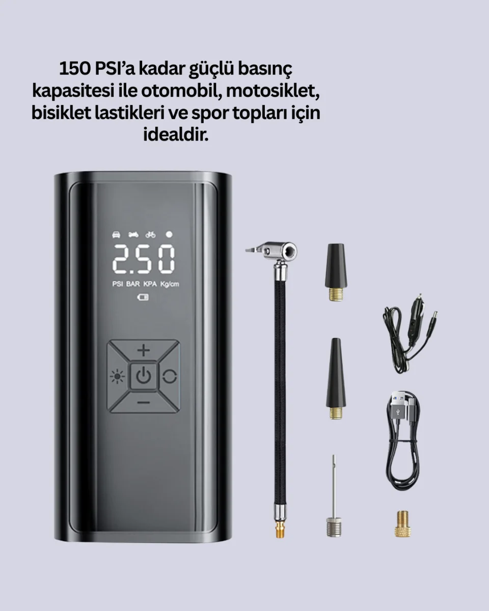 80W Kablosuz Dijital Ekranlı Taşınabilir Lastik Şişirme Pompası