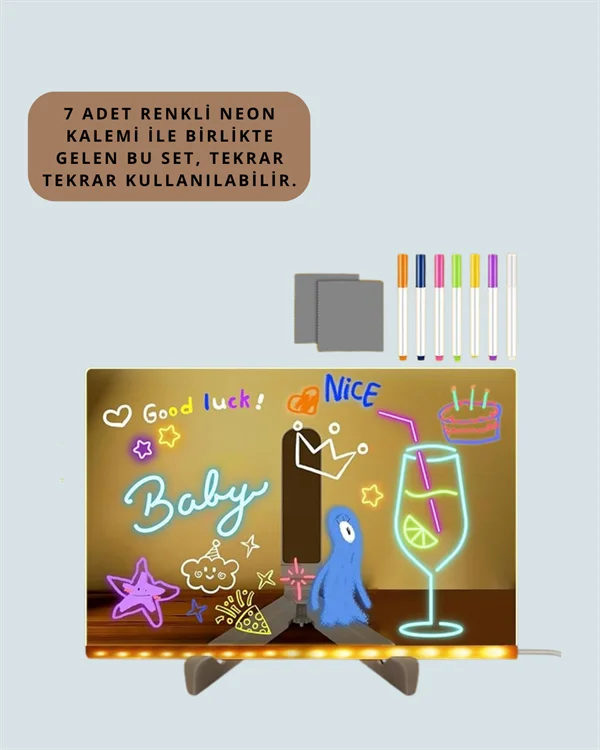 Dekoratif LED Yazı Tahtası – Silinebilir, Neon Kalemli, Planlama ve Hatırlatma İçin İdeal