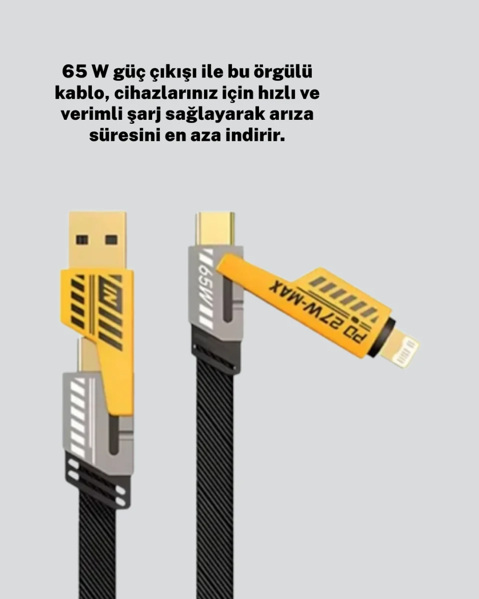 Yüksek Hızlı 65W Güç Çıkışlı Çoklu Cihaz Uyumlu Şarj Kablosu
