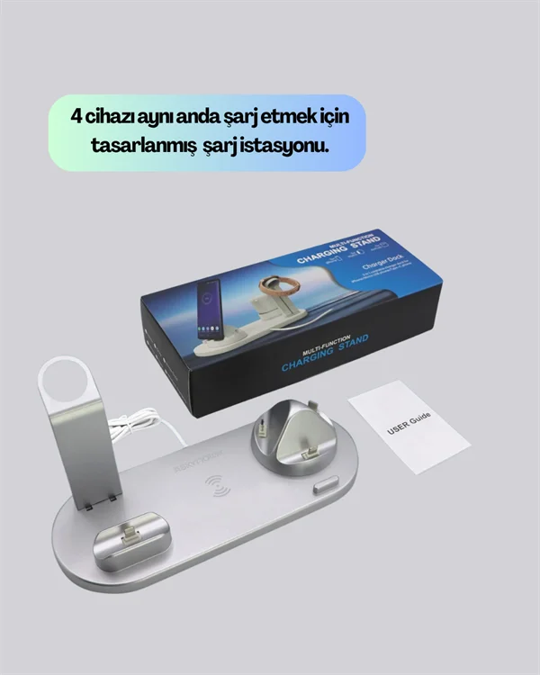 4 Cihazı Aynı Anda Şarj Edebilen Kablosuz Şarj İstasyonu – Çok Yönlü ve Pratik Tasarım