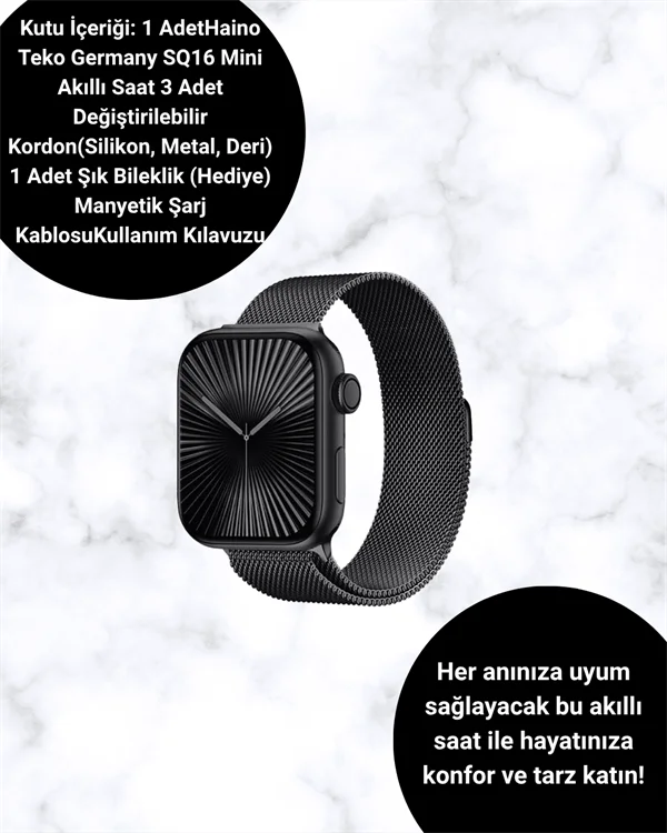 SQ-16 Mini Series 10 Akıllı Saat | Şık ve Hafif Tasarım, 3 Kordon Seçeneği