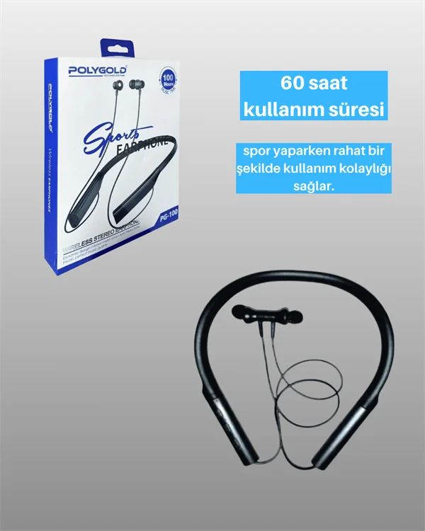 Polygold PG-100 Type-C Şarjlı Bluetooth Kulaklık – Boyun Askılı, Uzun Pil Ömürlü, Mikrofonlu