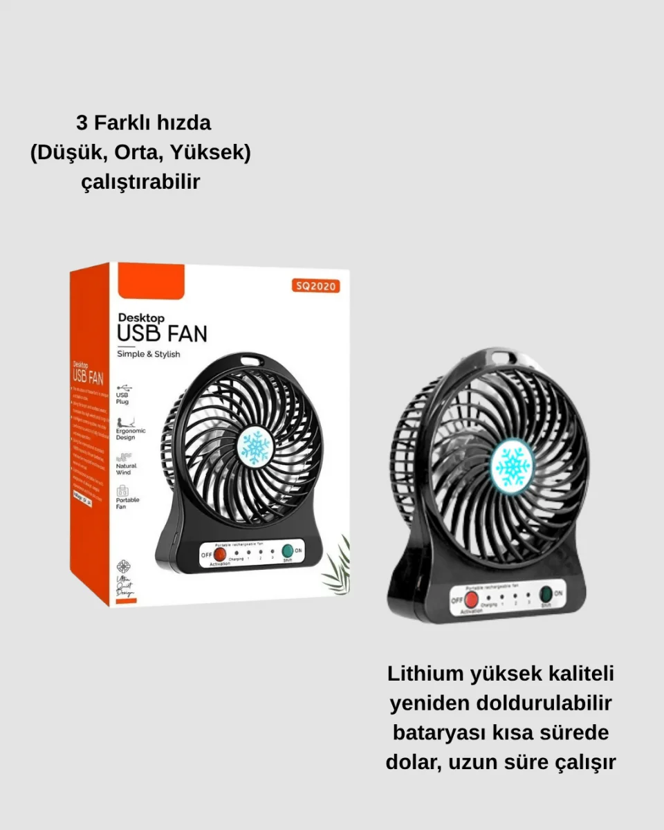 Şarjlı USB Fan – Masaüstü Mini Vantilatör, Taşınabilir, Işıklı, 3 Kademeli, Sessiz