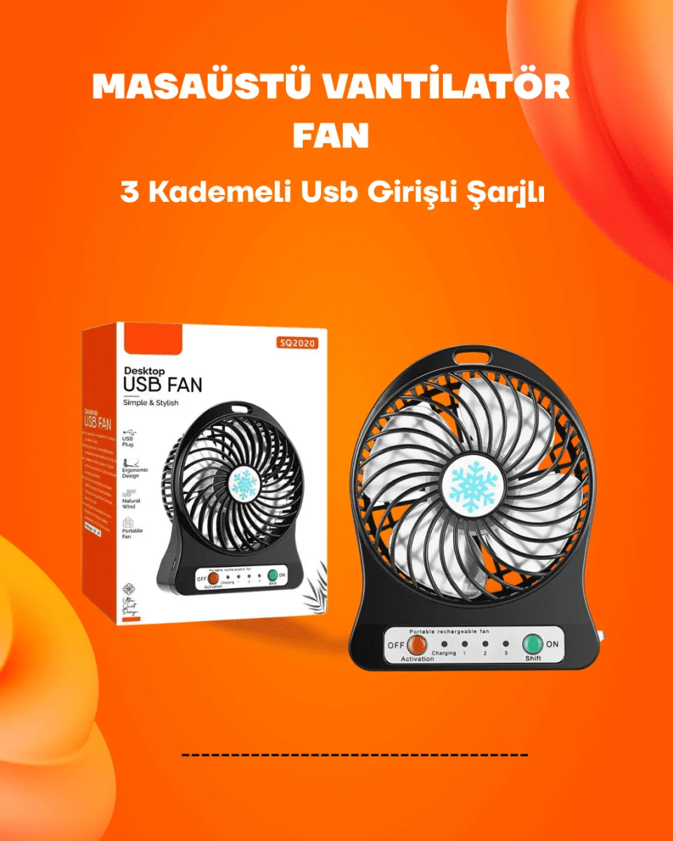 Mini Vantilatör Masaüstü – USB Girişli, Şarjlı, 3 Kademe, Sessiz Motor, Işıklı