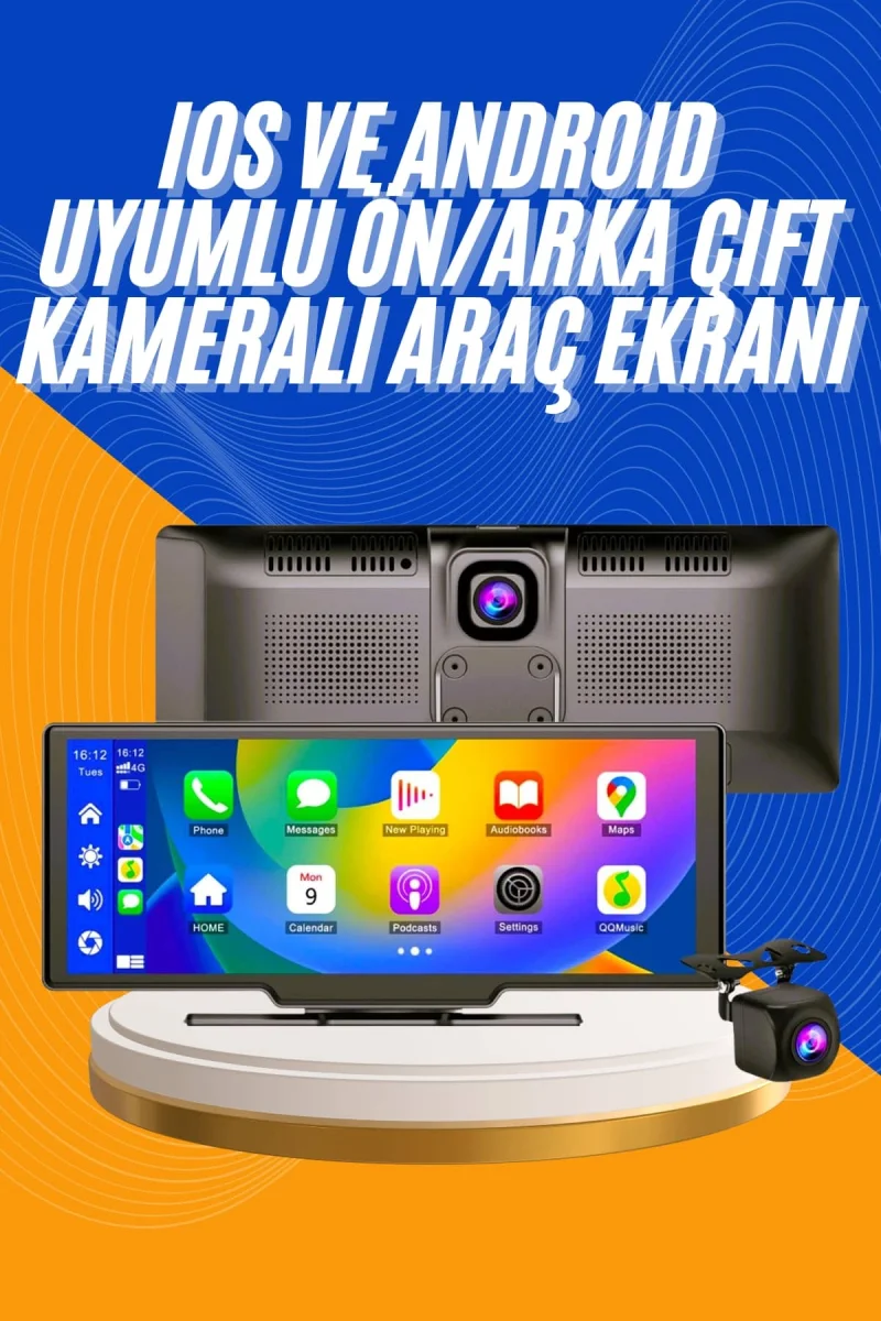 Android ve İOS Uyumlu Ön Arka Çift Kameralı Araç Ekranı Dokunmatik CarPlay