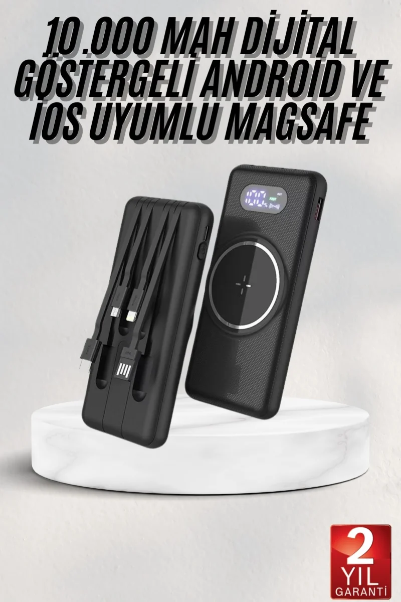 Wireless Powerbank 10000 Mah LED Ekranlı Dahili Kablolu Hızlı Şarj