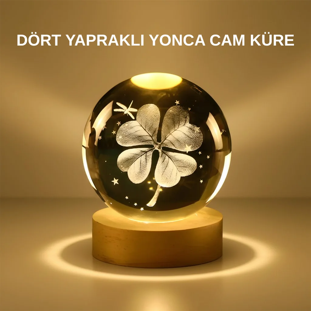 Dekoratif Yonca Görünümlü Işıklı Kristal Cam Küre USB Masa Gece Lambası
