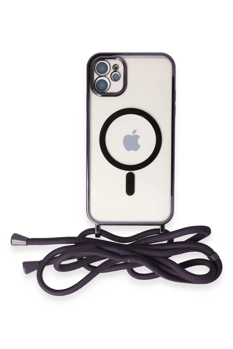 Newface Apple iPhone 11 Kılıf Divo Lazer Askılı Magsafe Kapak - Derin Mor