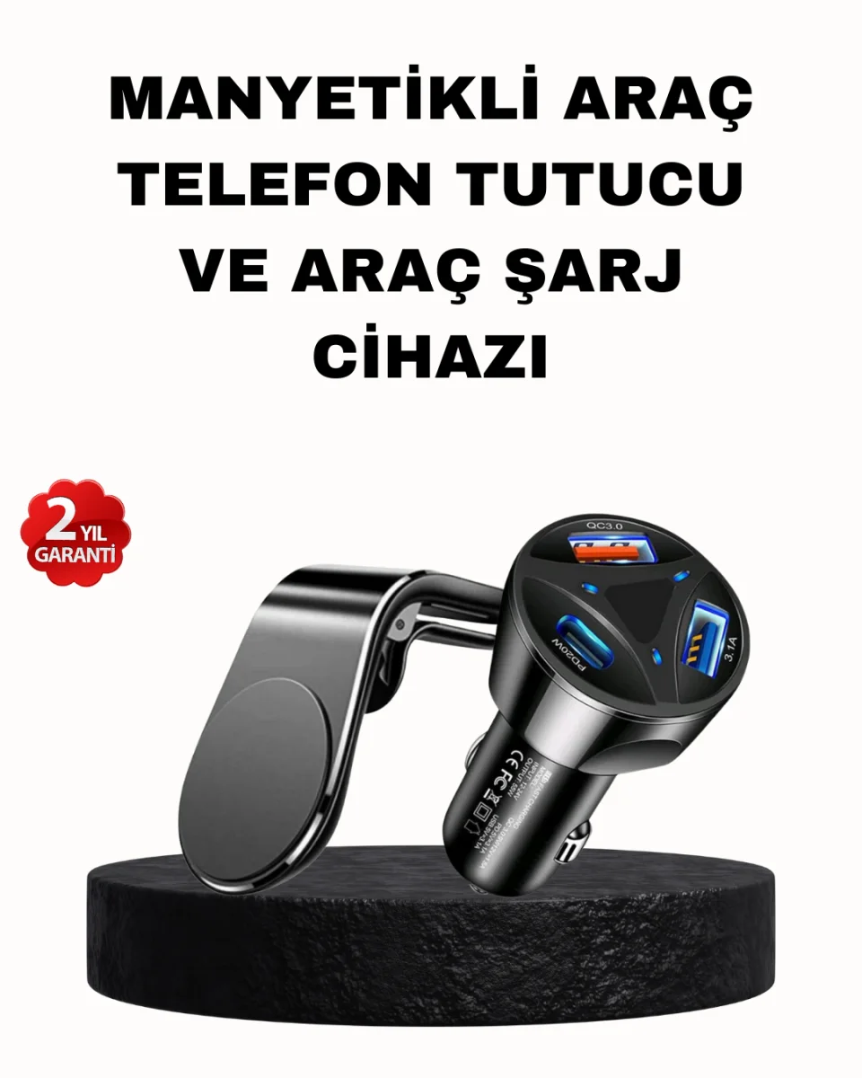 Manyetik Araç Telefon Tutucu ve Hızlı Şarj Adaptörü 2’li Set