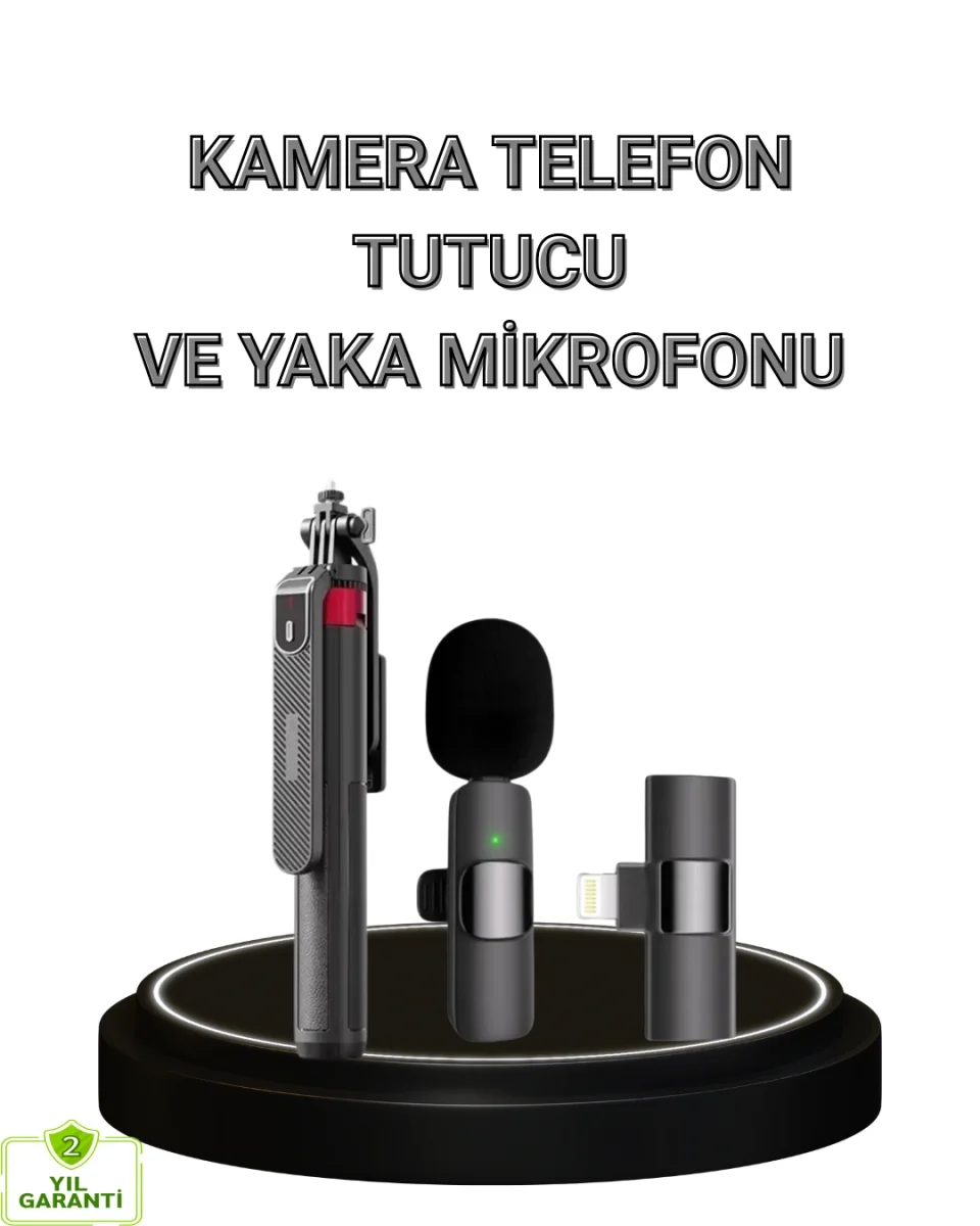Vlog ve Canlı Yayın İçin Çift Yaka Mikrofonu ve Tripodlu Selfie Çubuğu Seti