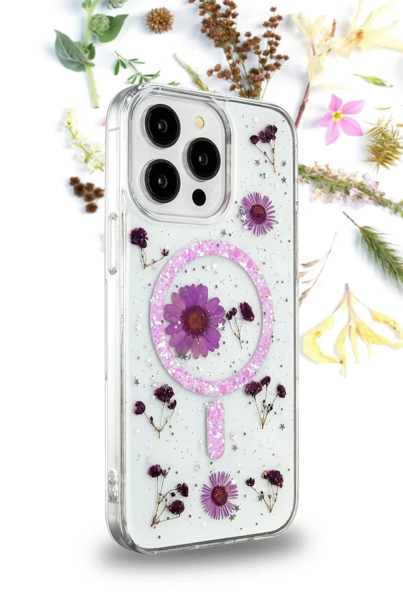 Newface Apple iPhone 14 Pro Kılıf Daisy Simli Magsafe Kapak - Mor