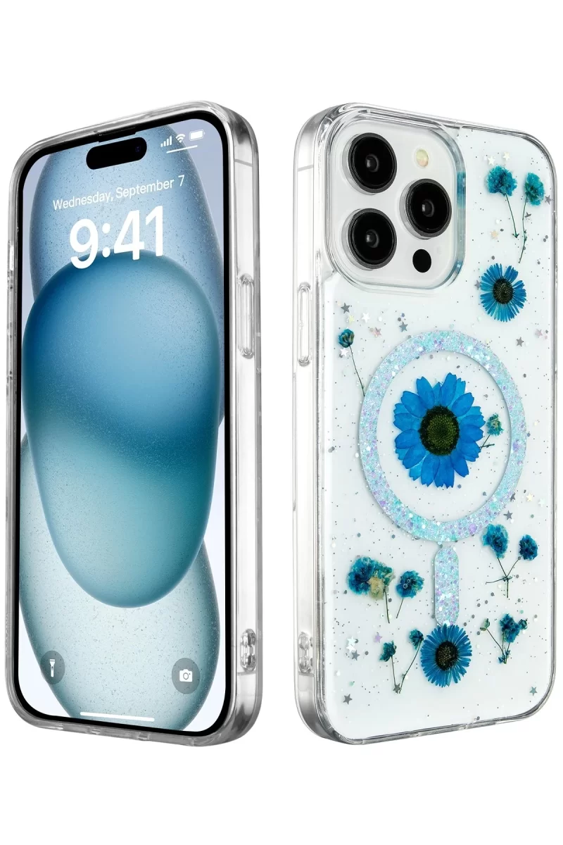 Newface Apple iPhone 14 Pro Kılıf Daisy Simli Magsafe Kapak - Mavi