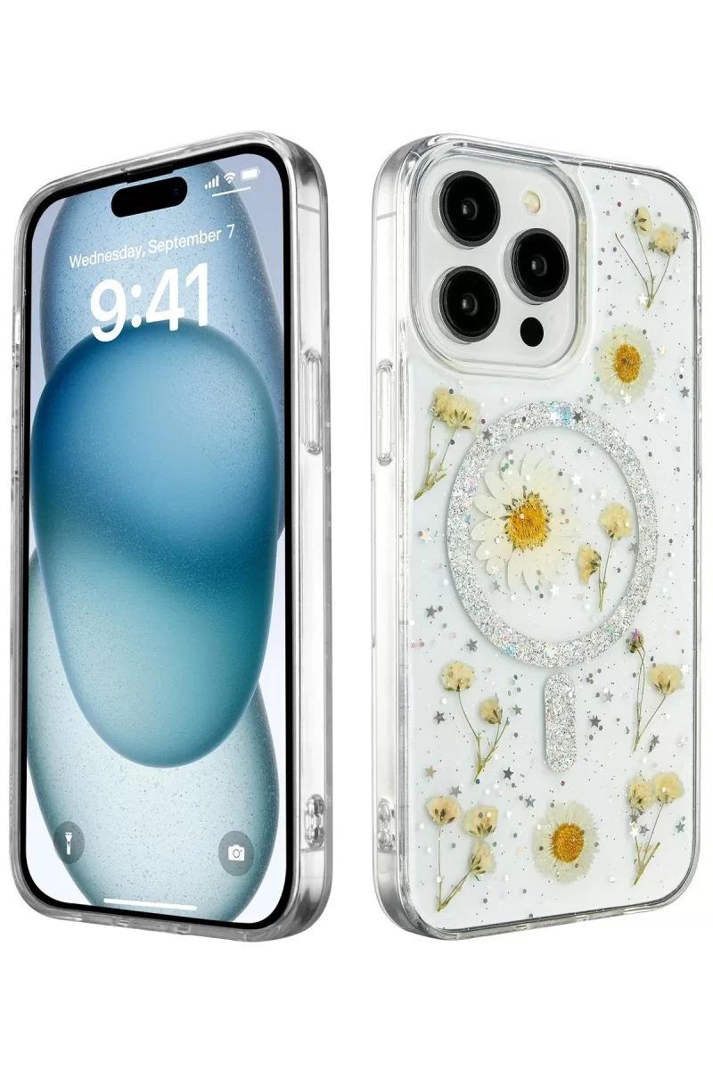 Newface Apple iPhone 15 Pro Kılıf Daisy Simli Magsafe Kapak - Gümüş