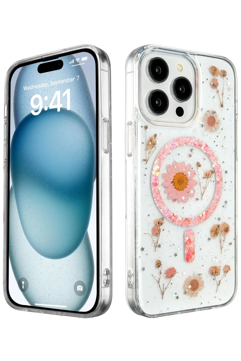 Newface Apple iPhone 15 Pro Kılıf Daisy Simli Magsafe Kapak - Pembe