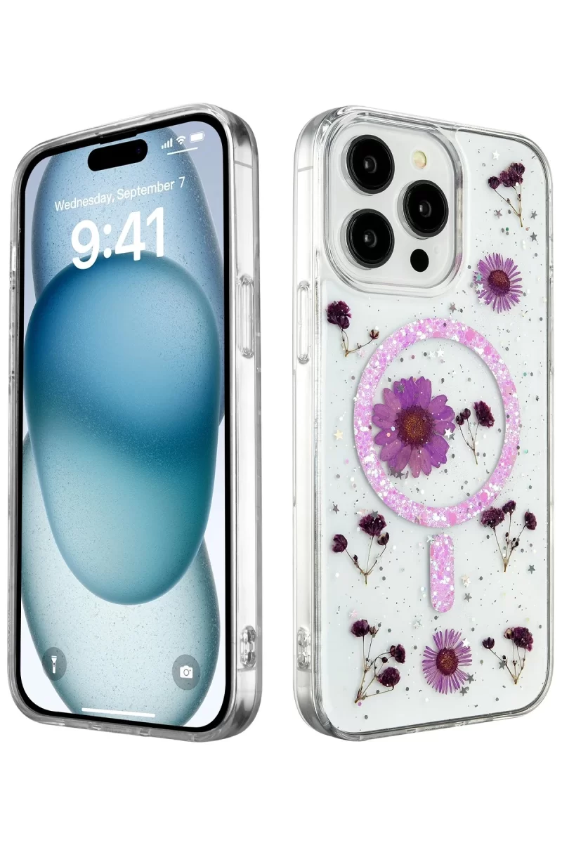 Newface Apple iPhone 15 Pro Max Kılıf Daisy Simli Magsafe Kapak - Mor