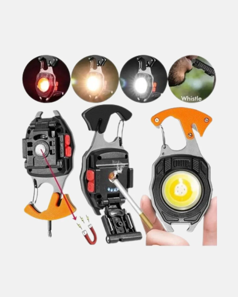 Mini LED Anahtarlık Fener – Şişe Açacağı Tornavida Düdük ve USB Şarj Özellikli