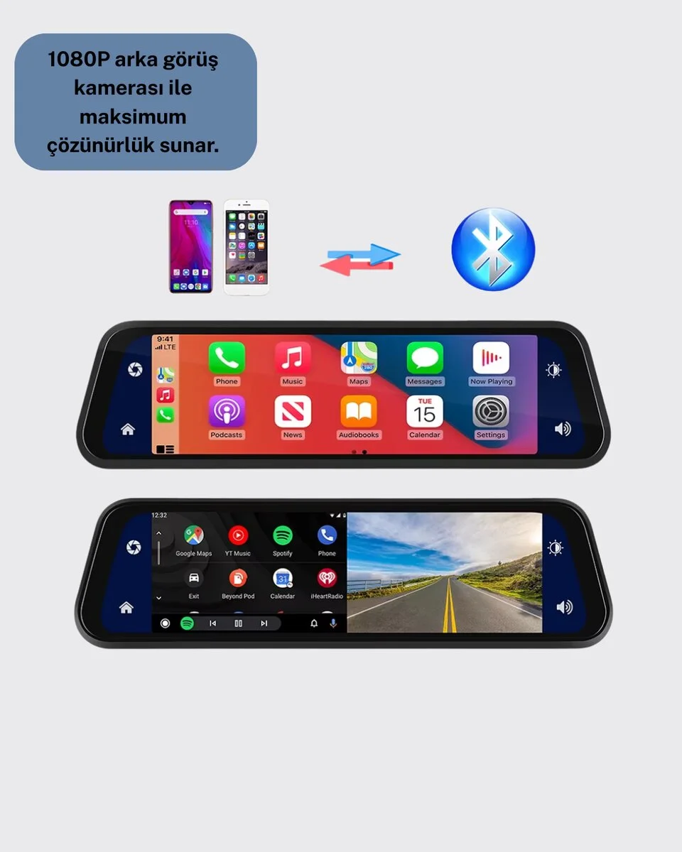 10 İnç Tam Dokunmatik Dikiz Aynası Kamera Ön Arka Full HD