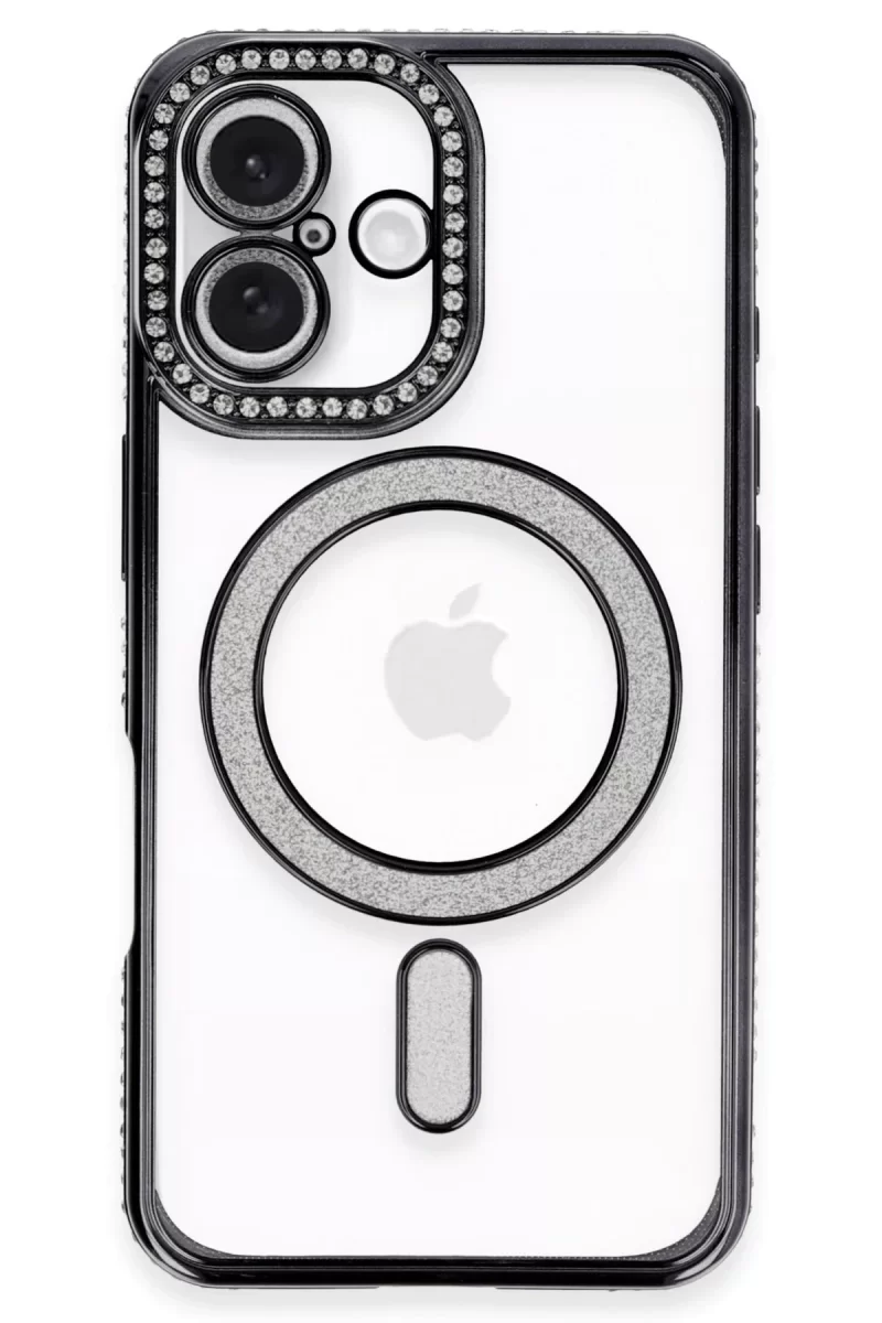 Newface Apple iPhone 16 Kılıf Joke Simli Magneticsafe Kılıf - Siyah