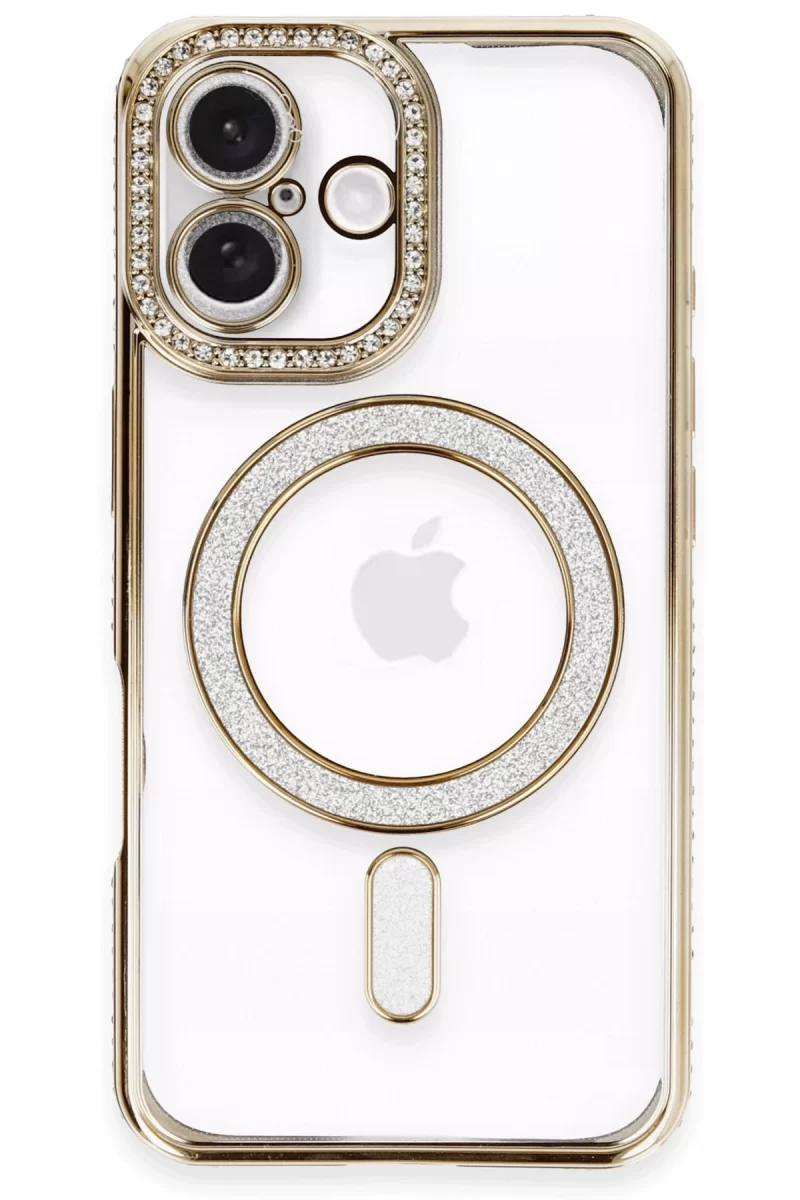 Newface Apple iPhone 16 Kılıf Joke Simli Magneticsafe Kılıf - Gold