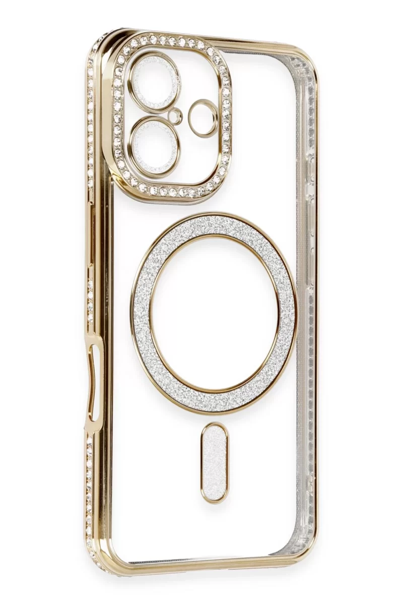 Newface Apple iPhone 16 Kılıf Joke Simli Magneticsafe Kılıf - Gold
