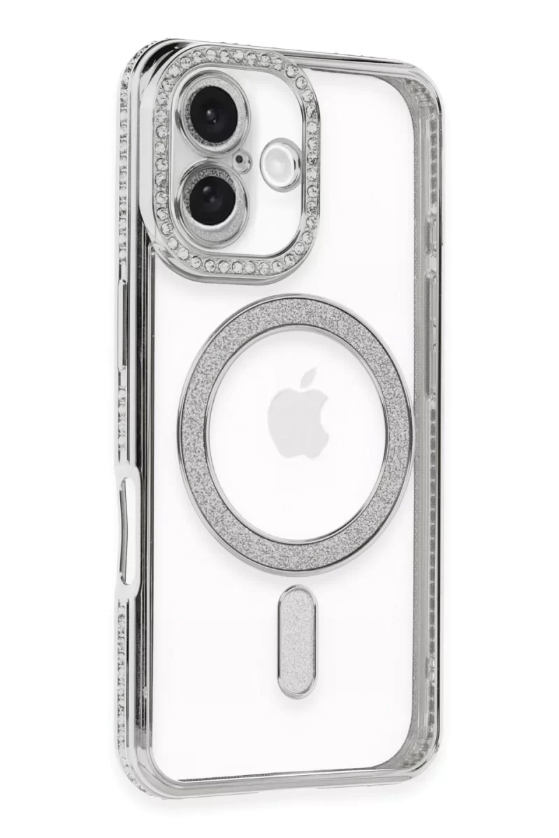Newface Apple iPhone 16 Kılıf Joke Simli Magneticsafe Kılıf - Gümüş