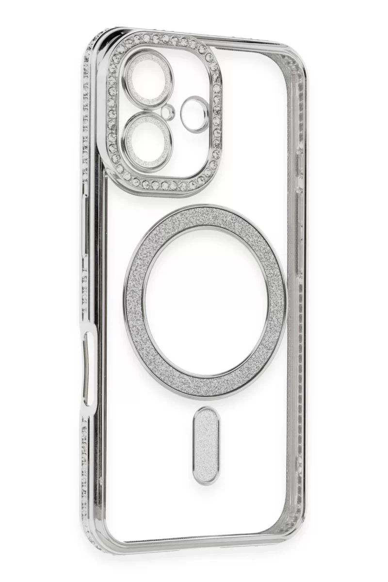 Newface Apple iPhone 16 Kılıf Joke Simli Magneticsafe Kılıf - Gümüş
